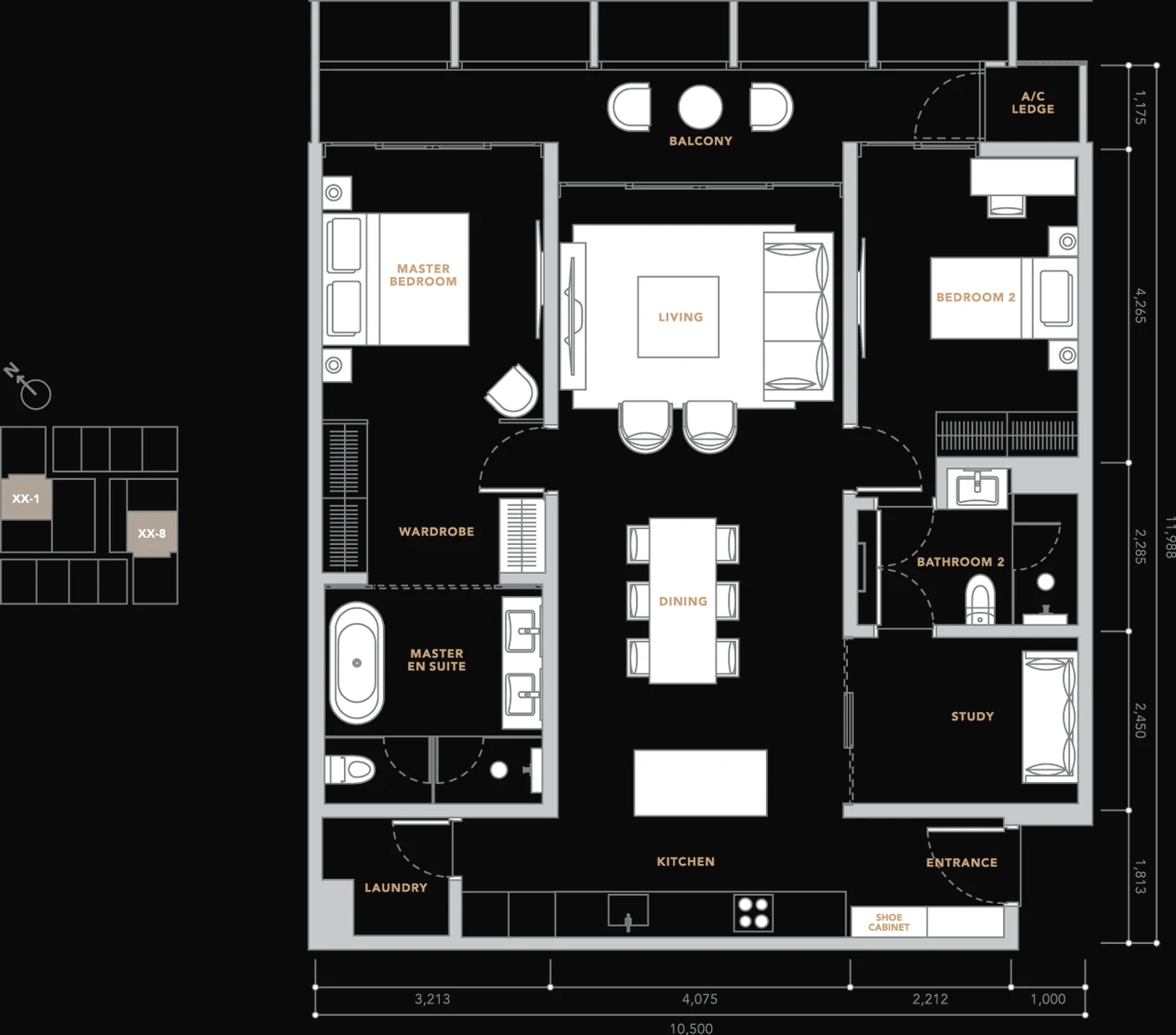 The Conlay 1,334 sq ft floor plan, two bedrooms plus study with master en suite