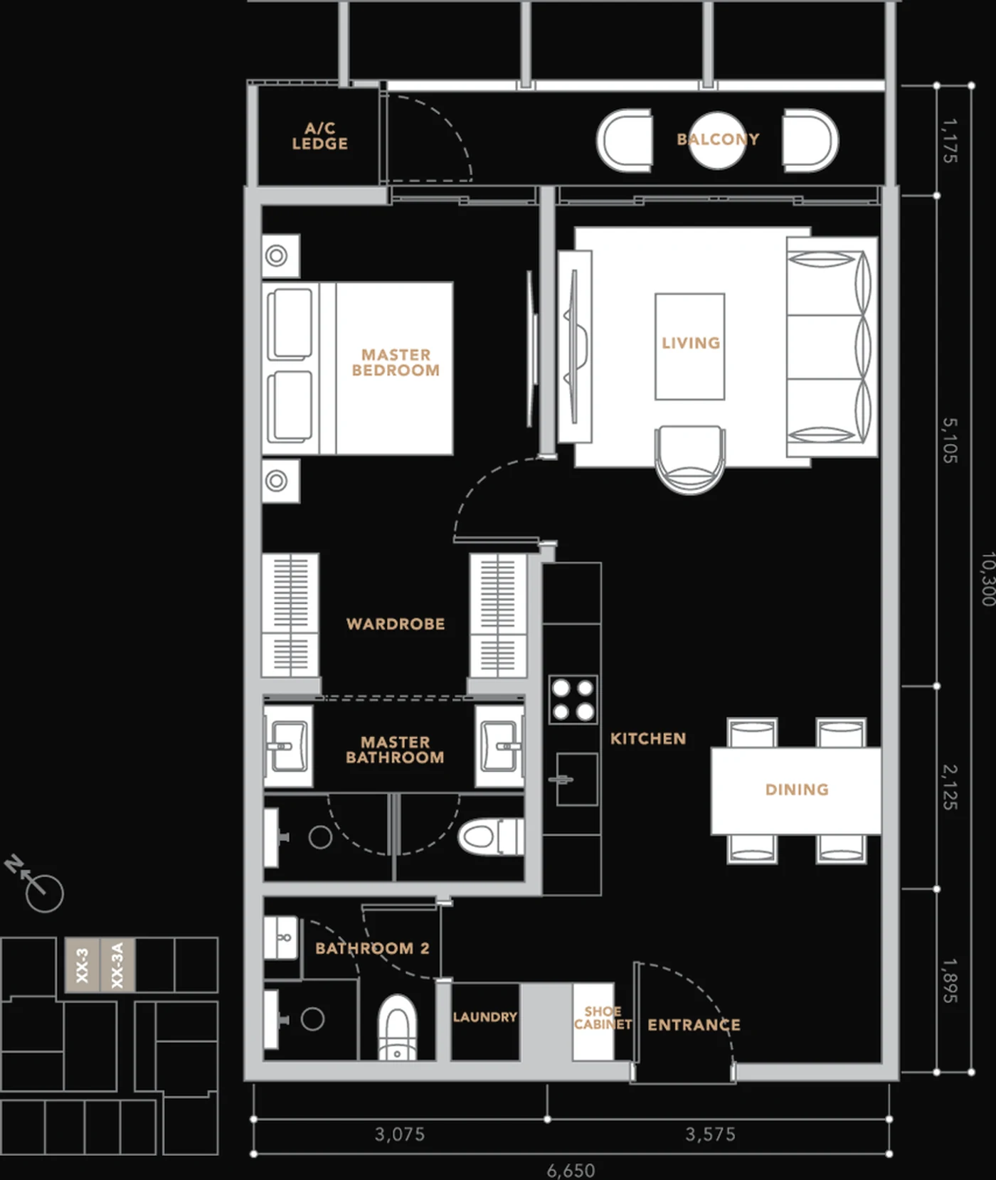 The Conlay 743 sq ft floor plan, 1+1 bedroom with two bathrooms