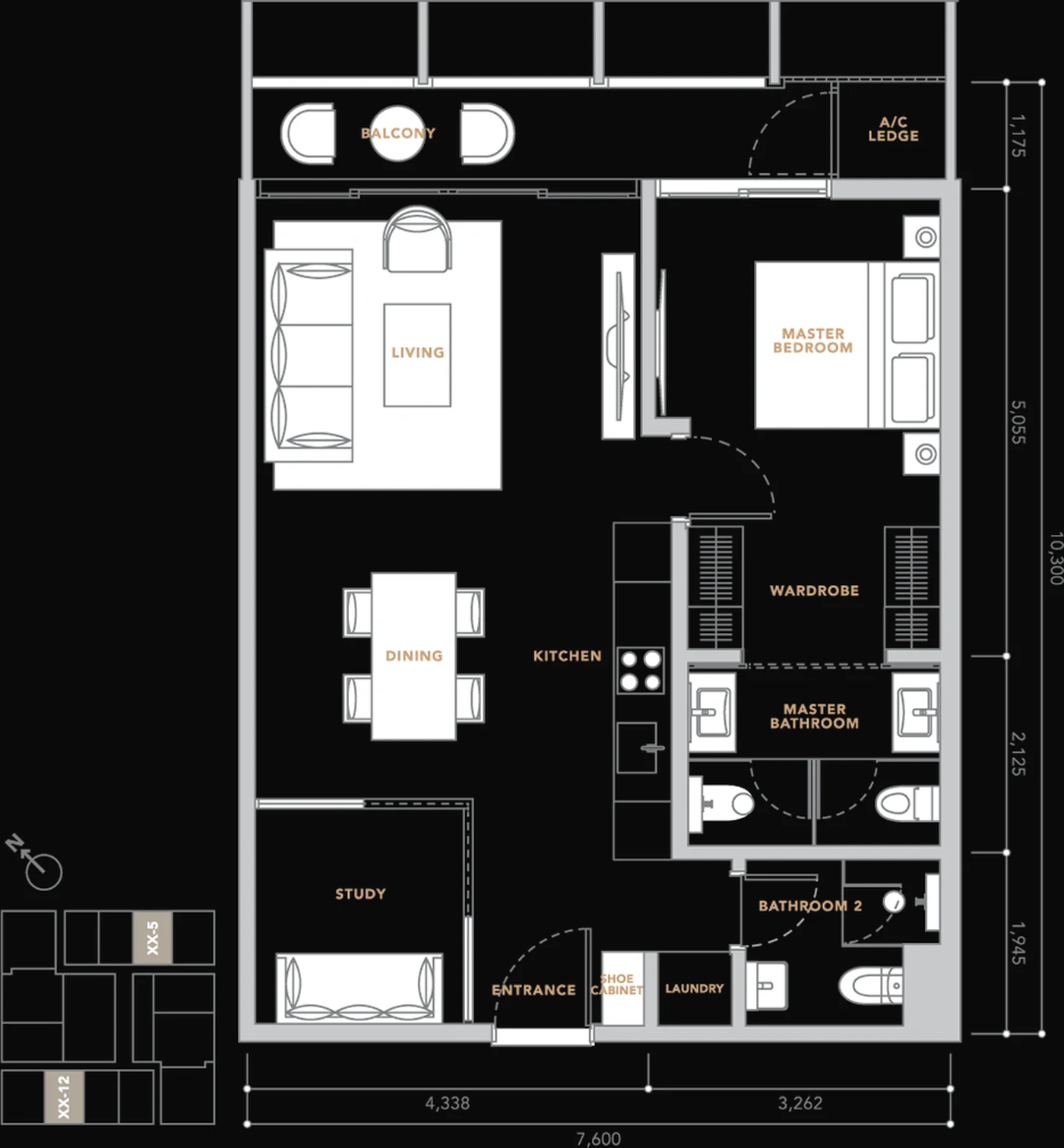 The Conlay 839 sq ft floor plan, 1+1 bedroom with study