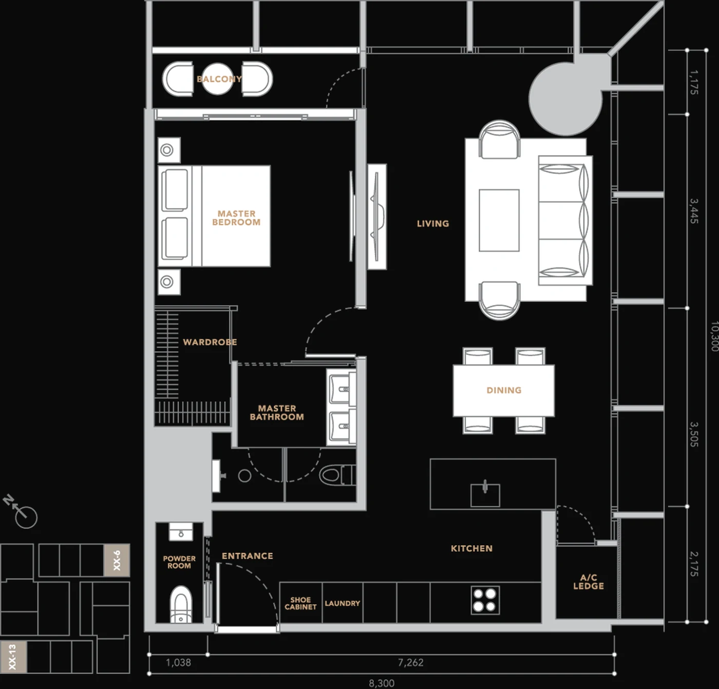 The Conlay 904 sq ft floor plan, one bedroom with open living and dining