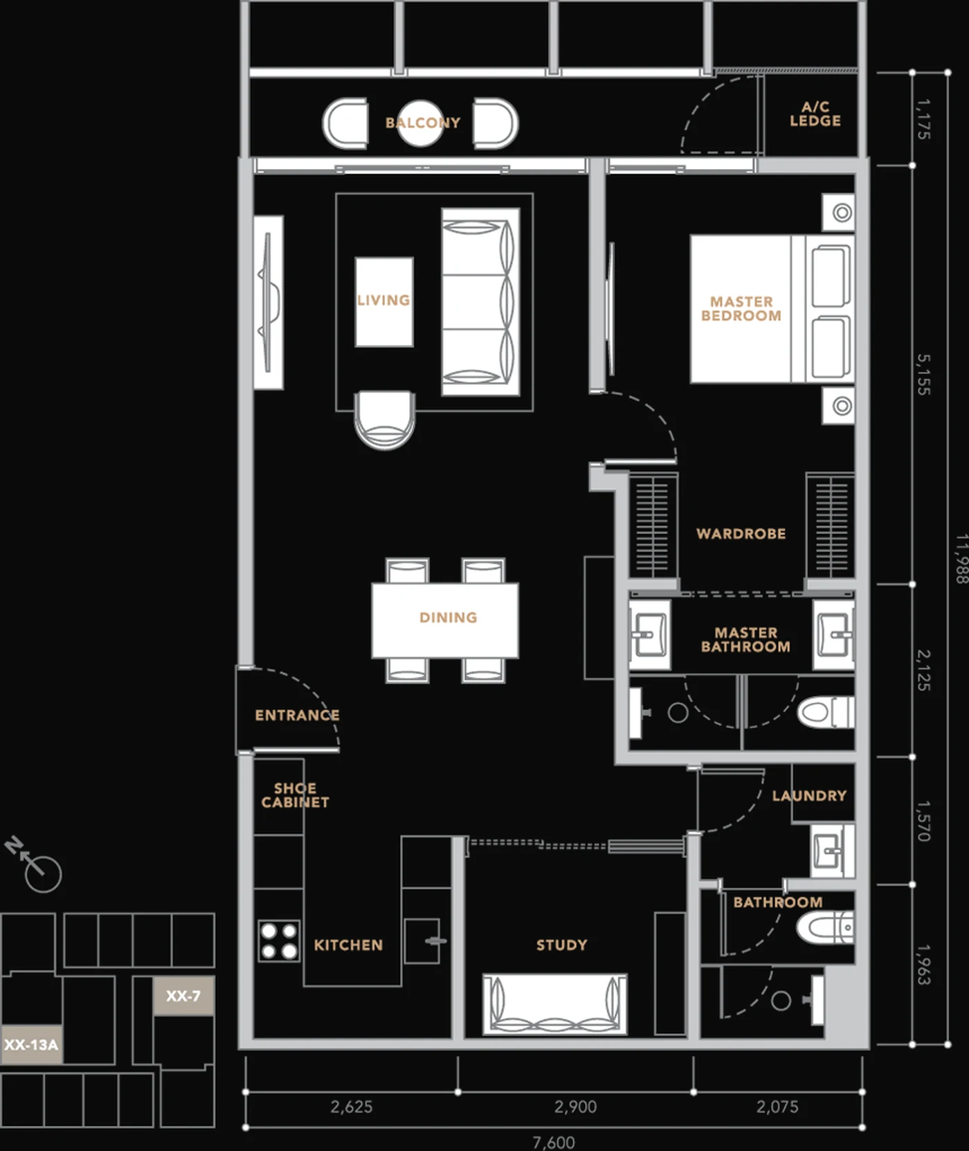 The Conlay 979 sq ft floor plan, 1+1 bedroom with study