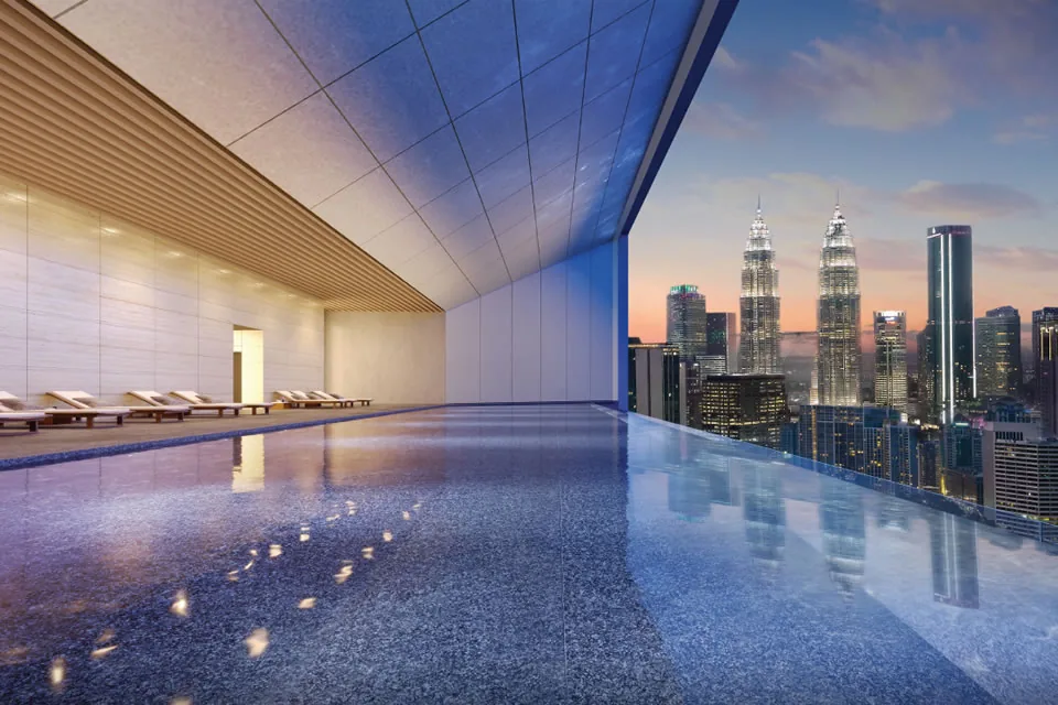 Heated pool at The Conlay with city views